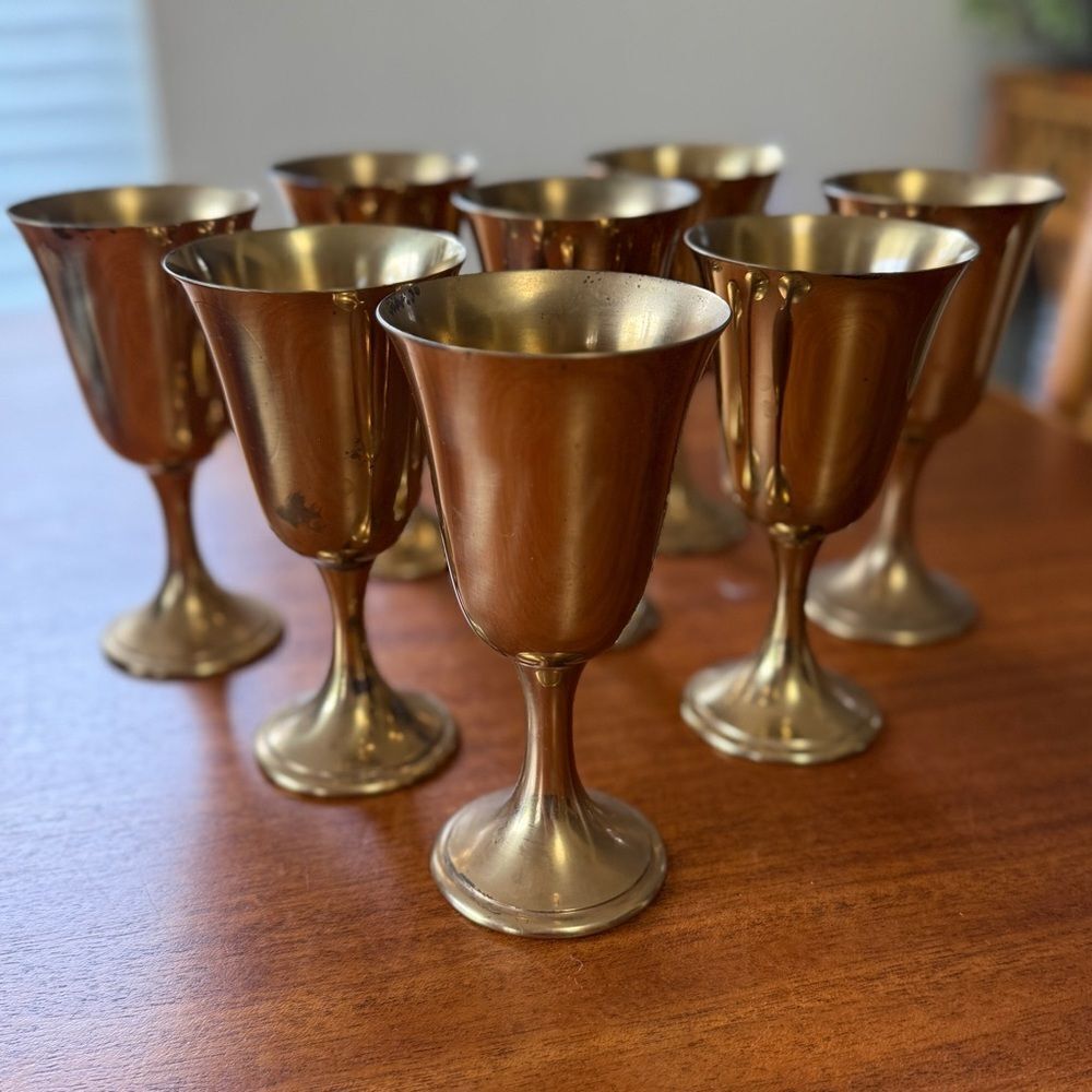 Vintage Gorham L433 Set Of 8 Brass Water Goblets Or Wine Glasses